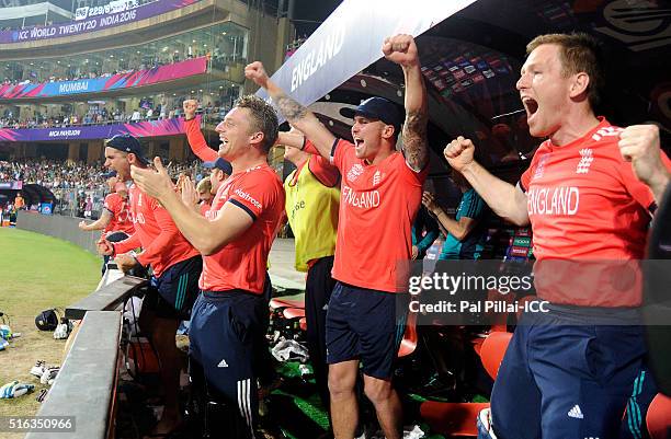 Mumbai, INDIA Team England celebrates after winning the ICC World Twenty20 India 2016 match between South Africa and England at the Wankhede stadium...