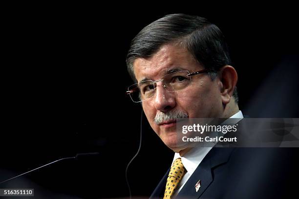 Turkey's Prime Minister, Ahmet Davutoglu, speaks during a press conference to discuss the migrant deal reached between Turkey and EU states, during a...