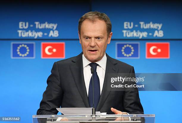 President of the European Council, Donald Tusk,speaks during a press conference to discuss the migrant deal reached between Turkey and EU states,...