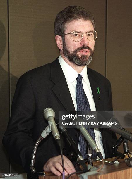 Sinn Fein President Gerry Adams speaks to the press in New York 16 October after the Nobel Peace Prize was awarded to Northern Ireland's SDLP leader...