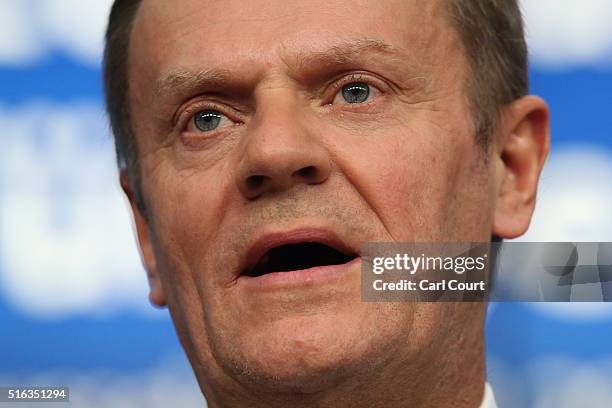 President of the European Council, Donald Tusk,speaks during a press conference to discuss the migrant deal reached between Turkey and EU states,...