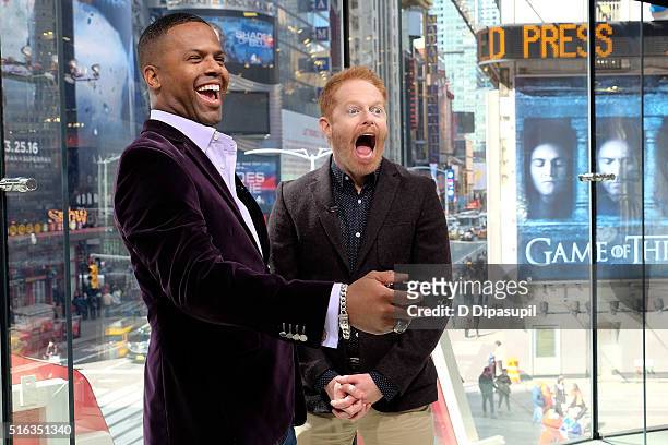 Calloway interviews Jesse Tyler Ferguson during his visit to "Extra" at their New York studios at H&M in Times Square on March 18, 2016 in New York...