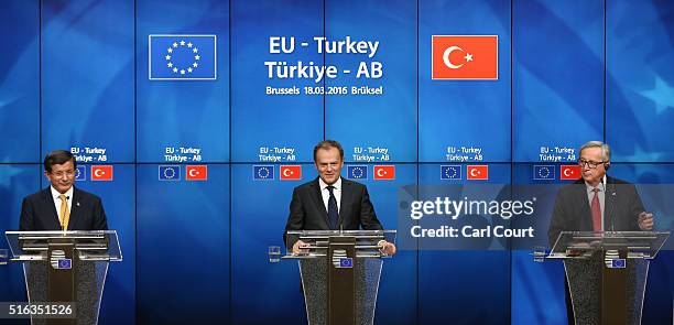 Turkey's Prime Minister, Ahmet Davutoglu; President of the European Council, Donald Tusk and President of the European Commission, Jean-Claude...