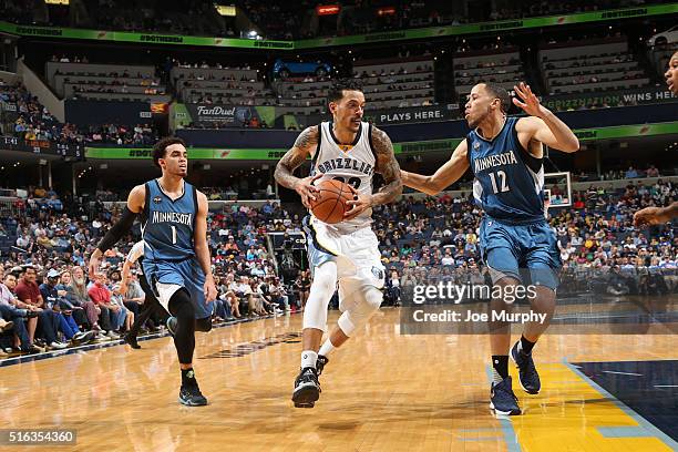 Matt Barnes of the Memphis Grizzlies handles the ball against Tayshaun Prince of the Minnesota Timberwolves on March 16, 2016 in Memphis, Tennessee....