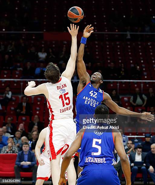 Bryant Dunston, #42 of Anadolu Efes Istanbul competes with Miro Bilan, #15 of Cedevita Zagreb during the 2015-2016 Turkish Airlines Euroleague...