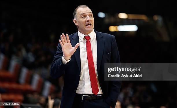 Veljko Mrsic, Head Coach of Cedevita Zagreb in action during the 2015-2016 Turkish Airlines Euroleague Basketball Top 16 Round 11 game between...