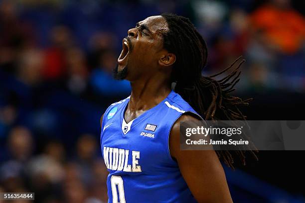 Darnell Harris of the Middle Tennessee Blue Raiders reacts after a basket in the first half against the Michigan State Spartans during the first...
