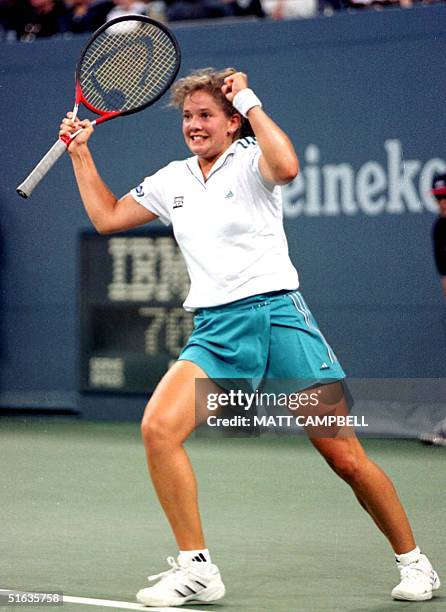 Number eleven seeded Patty Schnyder of Switzerland celebrates her victory over number eight seed from Germany's Steffi Graf 06 September at US Open...