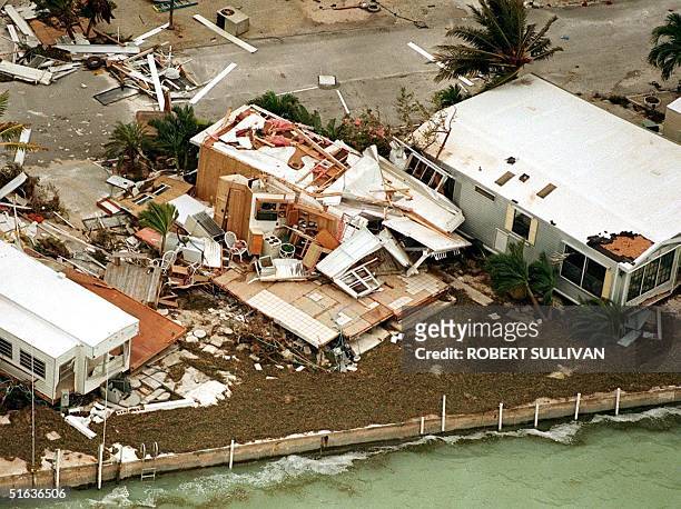 Destroyed trailer sits in a trailer park 26 September after being leveled by Hurricane Georges on Big Pine Key, FL. The eye of Georges is passed over...