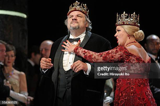 Verdi's "Macbeth" at the Metropolitan Opera House on Saturday, September 20, 2014.This image:Zeljko Lucic and Anna Netrebko .