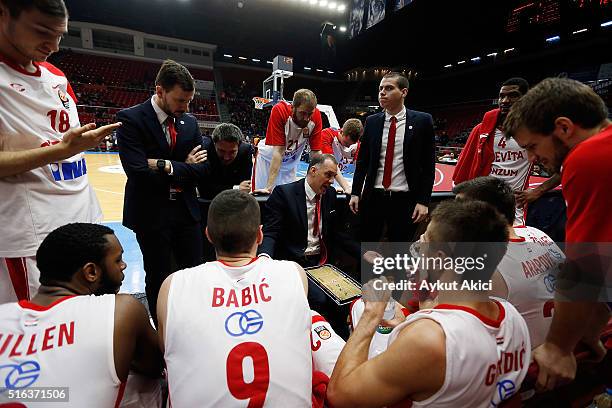 Veljko Mrsic, Head Coach of Cedevita Zagreb speaks to his players during the 2015-2016 Turkish Airlines Euroleague Basketball Top 16 Round 11 game...