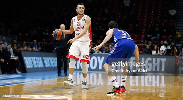 Nemanja Gordic, 20 of Cedevita Zagreb in action during the 2015-2016 Turkish Airlines Euroleague Basketball Top 16 Round 11 game between Anadolu Efes...