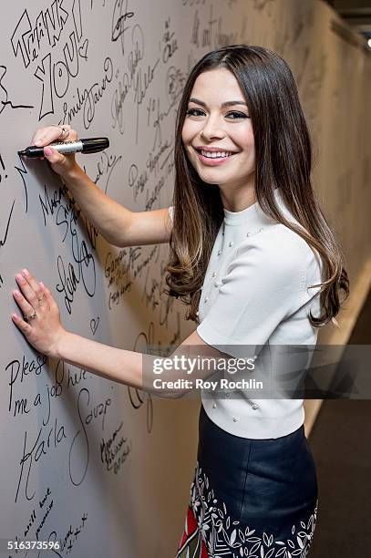 Actress Miranda Cosgrove speaks about the show 'Crowded' during AOL Build at AOL Studios In New York on March 18, 2016 in New York City.