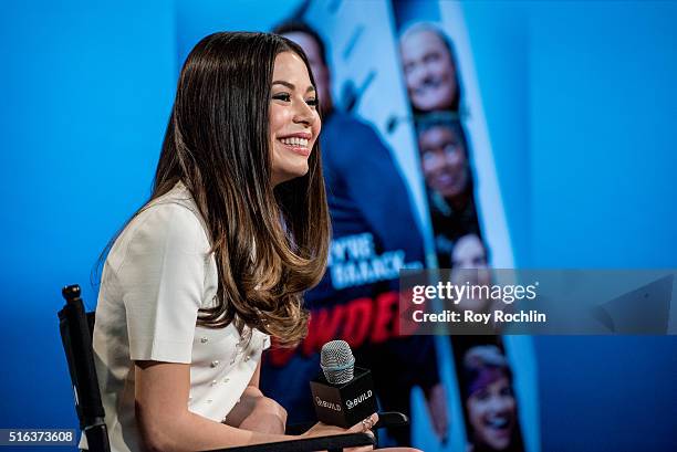 Actress Miranda Cosgrove speaks about the show 'Crowded' during AOL Build at AOL Studios In New York on March 18, 2016 in New York City.