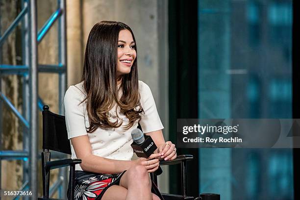 Actress Miranda Cosgrove speaks about the show 'Crowded' during AOL Build at AOL Studios In New York on March 18, 2016 in New York City.