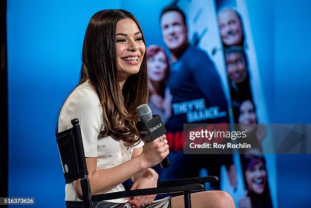 Actress Miranda Cosgrove speaks about the show 'Crowded' during AOL Build at AOL Studios In New York on March 18, 2016 in New York City.