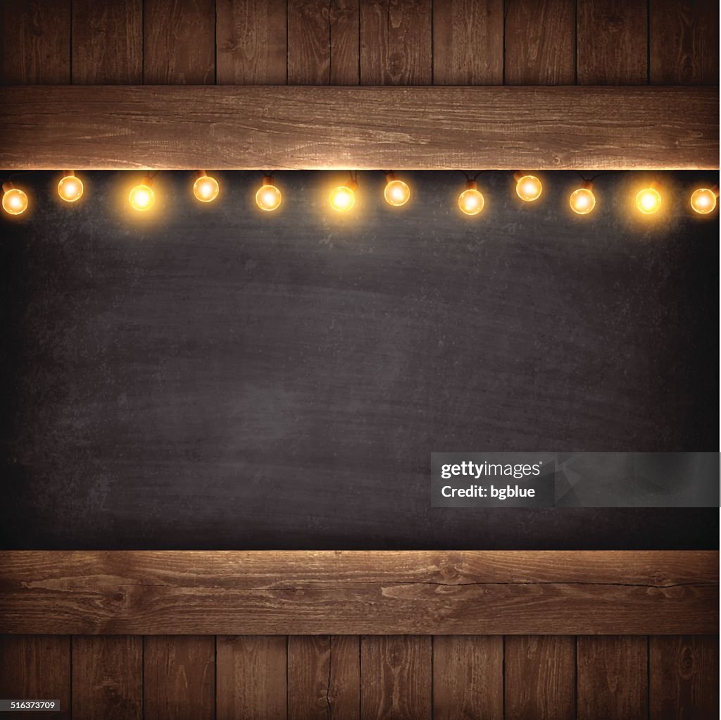Christmas Lights on Wooden Boards and Chalkboard