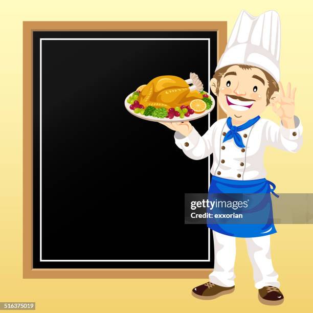 chef's special turkey in front of chalkboard - bird chefs hat stock illustrations