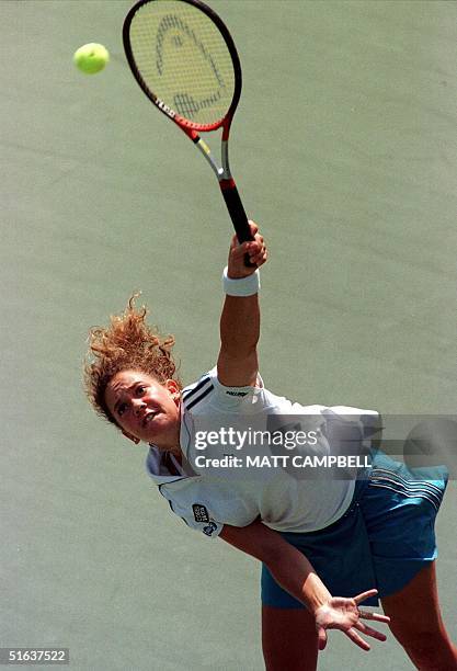 Switzerland's Patty Schnyder, seeded eleventh, serves a shot to Japan's Yuka Yoshida 31 August at the US Open in Flushing Meadows. Schnyder won 7-6,...