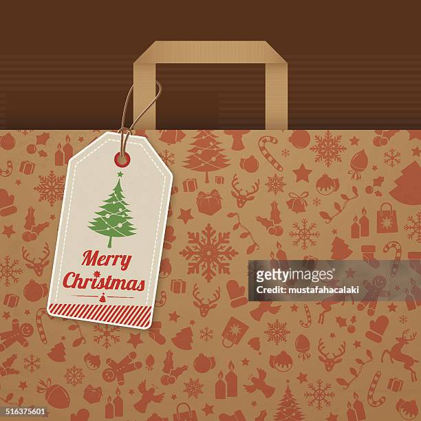stockillustraties, clipart, cartoons en iconen met christmas gift bag with tag - gift tag and christmas