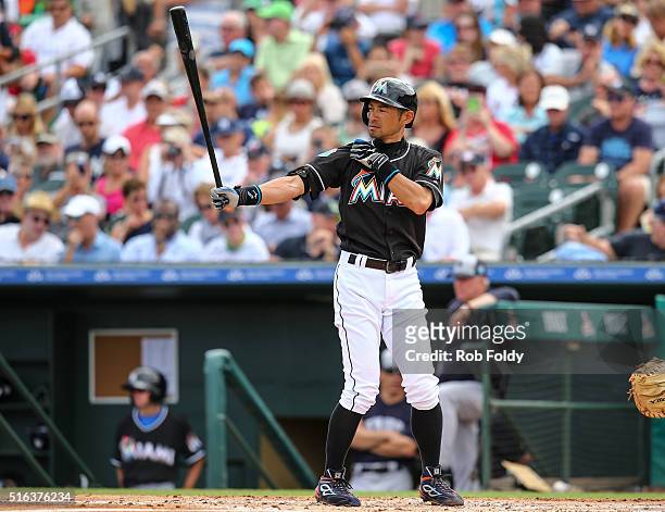 Ichiro Suzuki of the Miami Marlins at bat during the spring training game against the New York Yankees at Roger Dean Stadium on March 8, 2016 in...