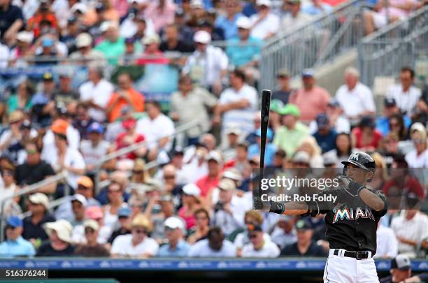 Ichiro Suzuki of the Miami Marlins at bat during the spring training game against the New York Yankees at Roger Dean Stadium on March 8, 2016 in...