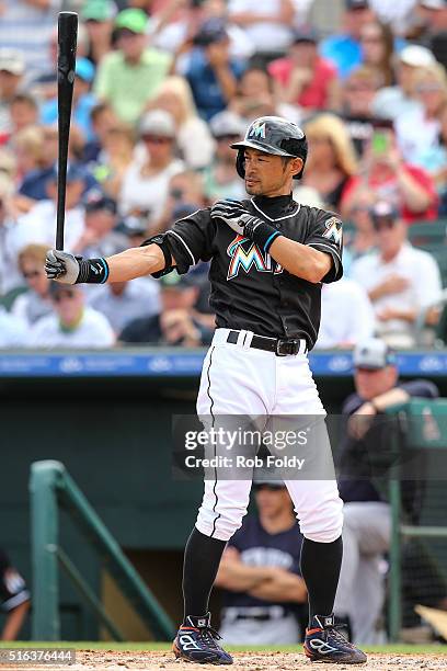 Ichiro Suzuki of the Miami Marlins at bat during the spring training game against the New York Yankees at Roger Dean Stadium on March 8, 2016 in...