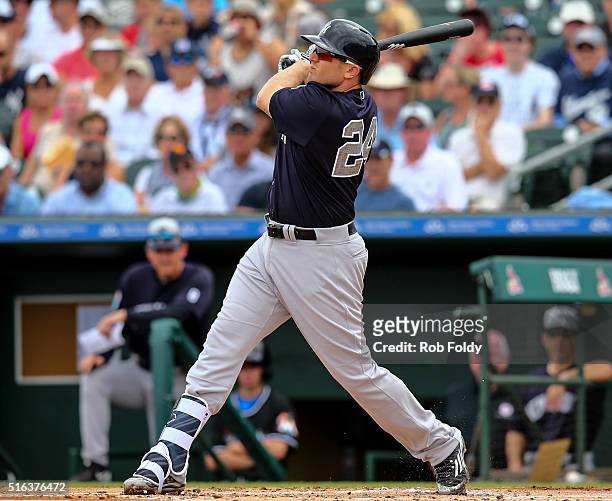 Chris Parmelee of the New York Yankees at bat during the spring training game against the Miami Marlins at Roger Dean Stadium on March 8, 2016 in...