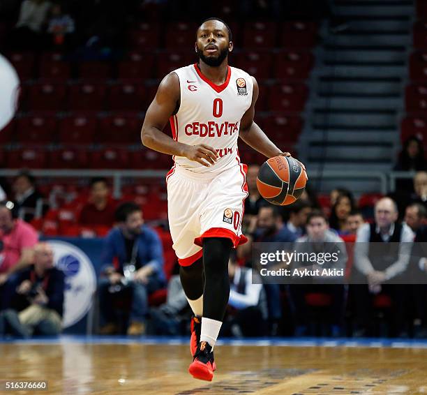 Jacob Pullen, #0 of Cedevita Zagreb in action during the 2015-2016 Turkish Airlines Euroleague Basketball Top 16 Round 11 game between Anadolu Efes...