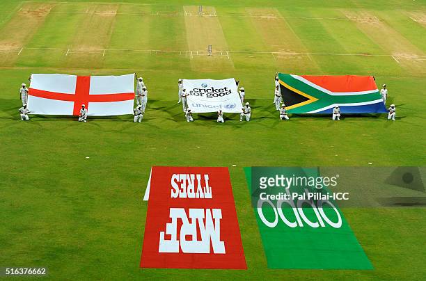 Mumbai, INDIA Ceremony children carry South African national flag and thee England national flag during the ICC World Twenty20 India 2016 match...