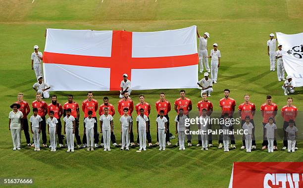 Mumbai, INDIA Team England during the national anthem before the start of the ICC World Twenty20 India 2016 match between South Africa and England at...