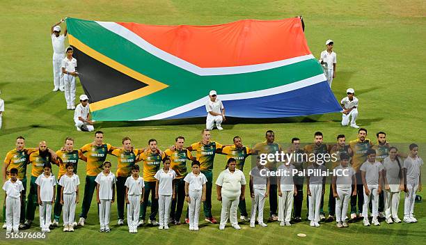 Mumbai, INDIA Team South Africa during the national anthem before the start of the ICC World Twenty20 India 2016 match between South Africa and...