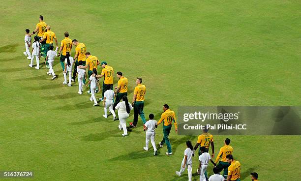 Mumbai, INDIA Team South Africa walk to the middle for the national anthem during the ICC World Twenty20 India 2016 match between South Africa and...