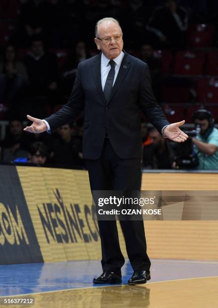 Anadolu Efes' head coach Dusan Ivkovic gestures during the Euroleague top 16 basketball match between Anadolu Efes and Cedevita Zagreb on March 18,...