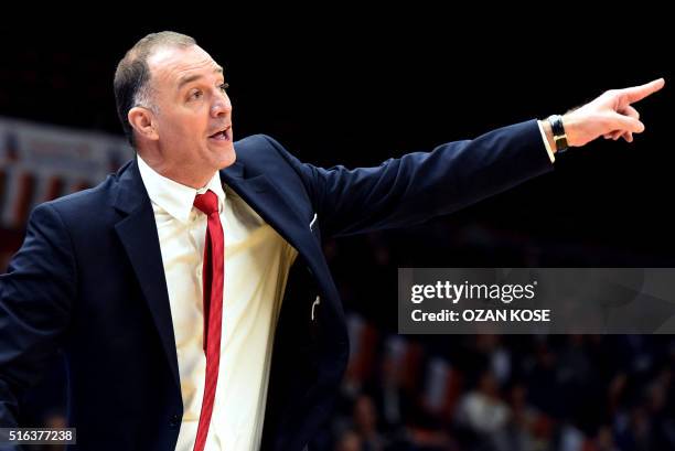 Cedevita Zagreb's head coach Veljko Mrsic gestures during the Euroleague top 16 basketball match between Anadolu Efes and Cedevita Zagreb on March...