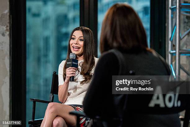 Actress Miranda Cosgrove speaks about the show 'Crowded' during AOL Build at AOL Studios In New York on March 18, 2016 in New York City.