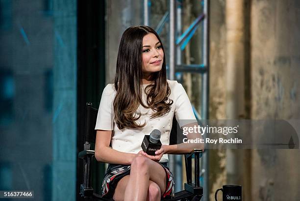 Actress Miranda Cosgrove speaks about the show 'Crowded' during AOL Build at AOL Studios In New York on March 18, 2016 in New York City.