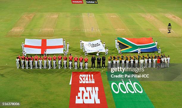 Mumbai, INDIA Team England and team South Africa during the national anthem before the start of the ICC World Twenty20 India 2016 match between South...