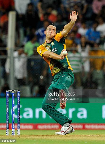 Mumbai, INDIA Kyle Abbott of South Africa bowls during the ICC World Twenty20 India 2016 match between South Africa and England at the Wankhede...