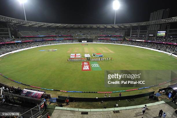 Mumbai, INDIA Team England and team South Africa during the national anthem before the start of the ICC World Twenty20 India 2016 match between South...