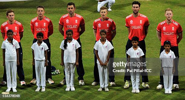 Mumbai, INDIA Team England during the national anthem before the start of the ICC World Twenty20 India 2016 match between South Africa and England at...
