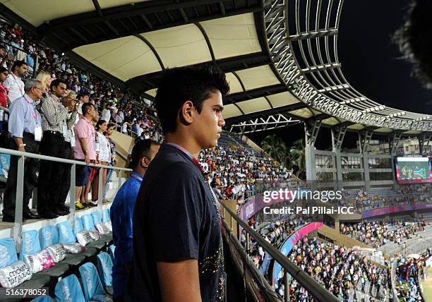 Mumbai, INDIA Arjun Tendulkar, son of Indian cricketer Sachin Tendulkar stands during the national anthem before the start of the ICC World Twenty20...