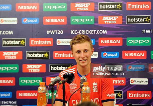 Mumbai, INDIA Joe Root of England addresses a press conference after the ICC World Twenty20 India 2016 match between South Africa and England at the...