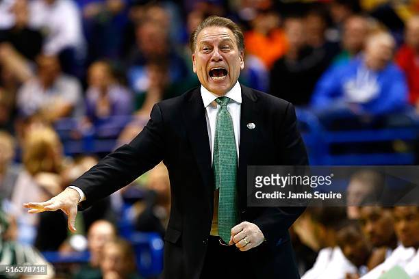 Head coach Tom Izzo of the Michigan State Spartans reacts in the second half against the Middle Tennessee Blue Raiders during the first round of the...