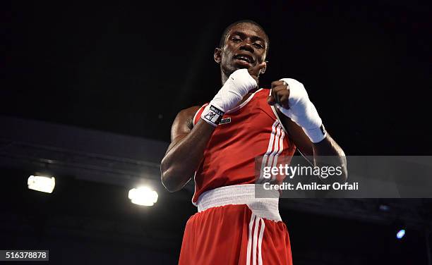 Yuberjen Hemey Martinez Rivas from Colombia celebrates after winning a fight against Nico Hernandez from USA during the Men's 46-49 kg category as...