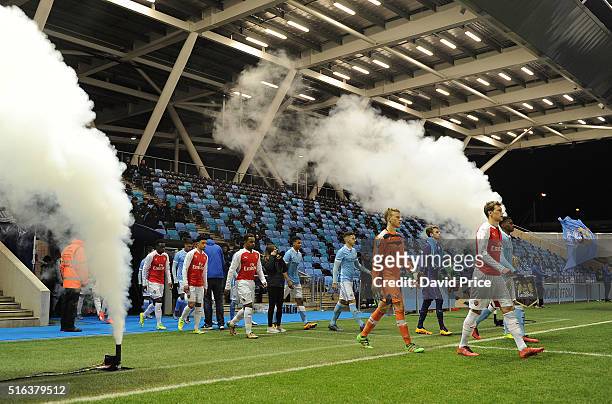 Krystian Bielik of Arsenal leads the team out before the match between Manchester City and Arsenal in the FA Youth Cup semi final 1st leg on March...
