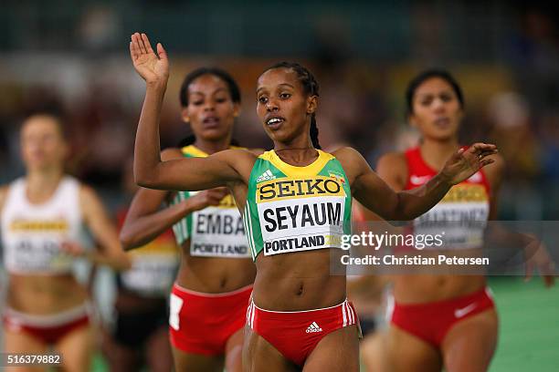 Dawit Seyaum of Ethiopia competes in the Women's 1500 metres heats during day two of the IAAF World Indoor Championships at Oregon Convention Center...