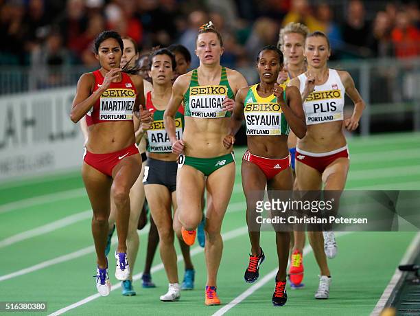 Brenda Martinez of the United States, Roseanne Galligan of Ireland and Dawit Seyaum of Ethiopia competes in the Women's 1500 metres heats during day...