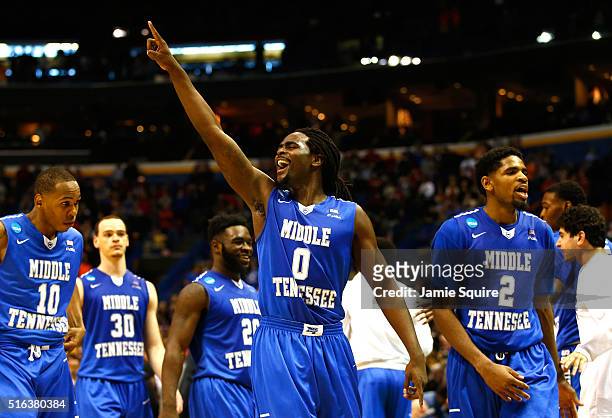 Darnell Harris of the Middle Tennessee Blue Raiders celebrates late in the game against the Michigan State Spartans during the first round of the...