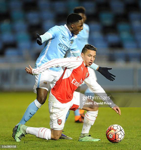 Ismael Bennacer of Arsenal takes on Rodney Kongolo of Man City during the match between Manchester City and Arsenal in the FA Youth Cup semi final...